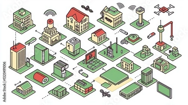 Obraz Modern Cityscape with Buildings, Drones, and Smart Technology Elements