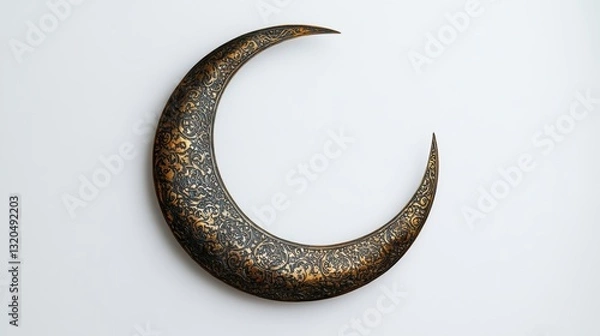 Fototapeta A crescent moon, adorned with intricate metallic patterns, stood majestically against a pristine white backdrop, a symbol of the joyous occasion of Ramadan Eid.