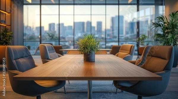 Obraz A spacious, modern office, bathed in soft, warm light, features a sleek wooden table surrounded by comfortable seating. Panoramic windows frame breathtaking city views, while the blurred background
