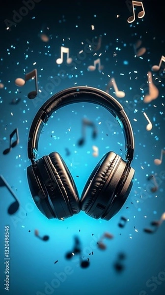 Obraz headphones with floating music notes on a blue background