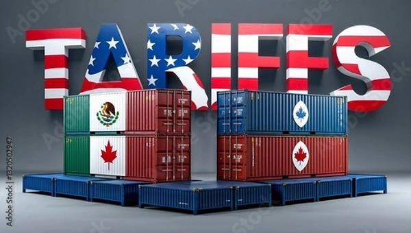 Fototapeta US Imposes Tariffs from China, Canada, Mexico. Geopolitical Trade Impacts in Global. America Tariff Policy. International Trade Relations, Increased Import Tariffs, Trade War Dispute Over Exports 