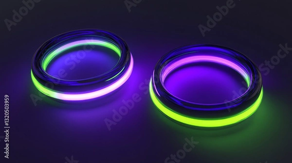 Obraz Glowing Futuristic Rings with Neon Lights. A sleek and modern digital artwork featuring two glossy, futuristic rings with neon purple and green glowing edges