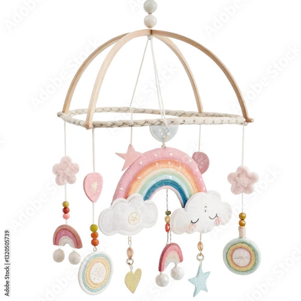 Obraz Rainbow baby mobile watercolor illustration isolated on transparent background  
