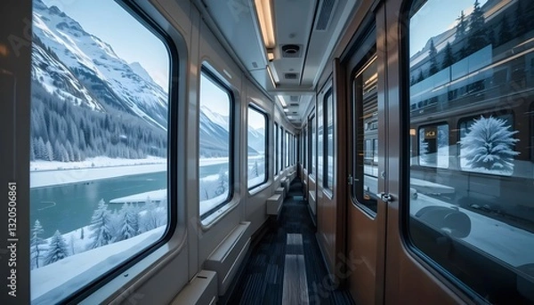 Obraz Scenic Winter Train Journey Panoramic Mountain Views from Inside a Luxury Rail Car