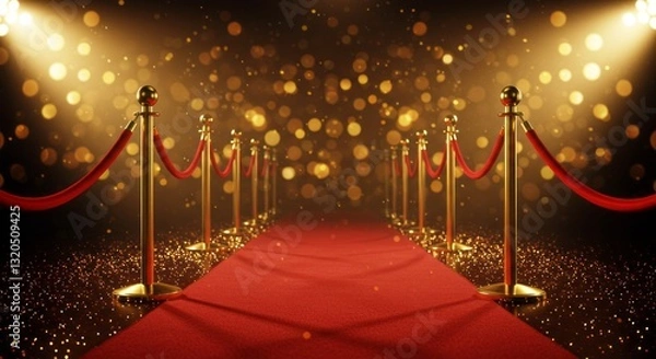 Fototapeta Red carpet on the stage with a bokeh background creating a luxurious VIP atmosphere for a gala or movie premiere