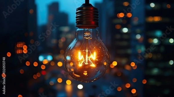 Fototapeta A brightly lit bulb hangs over a blurred office, symbolizing innovation and solutions in a workspace.