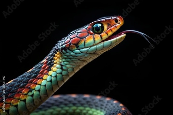 Fototapeta close up of a rainbow color snake isolated in black