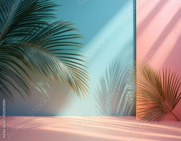 Fototapeta pastel studio backdrop palm shadows summer scene product display