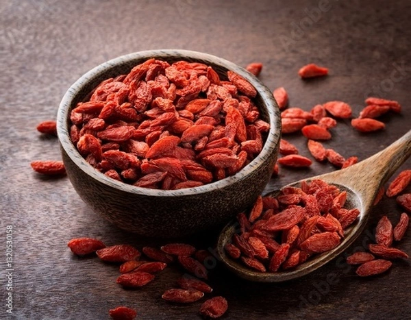 Fototapeta bowl with dried goji berries on rustic background with room for text