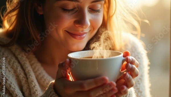 Fototapeta A close-up of a person enjoying a cup of coffee in the morning sunlight, steam rising.