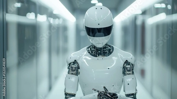 Fototapeta Innovative ai-powered robot assistant navigating a modern hallway with advanced technology and dynamic workflow solutions