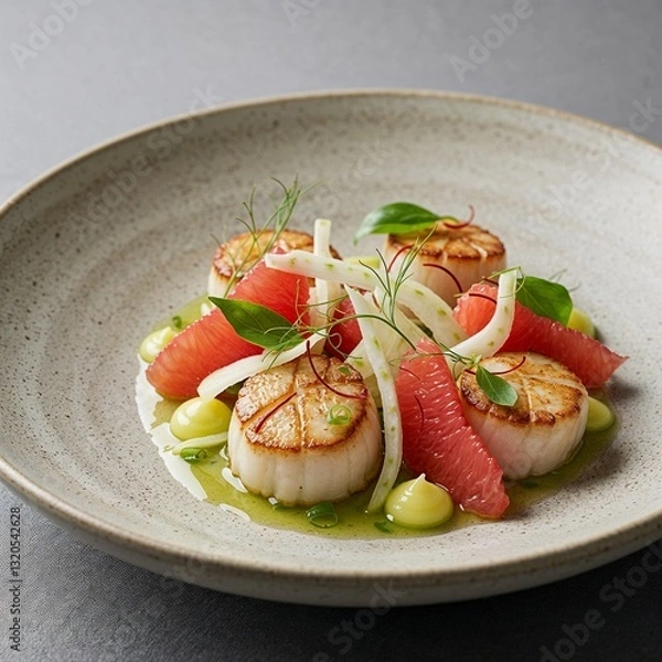 Fototapeta Scallop and Citrus salad with grapefruit, fennel, and yuzu dressing for summer menus, healthy eating, and fine dining experiences