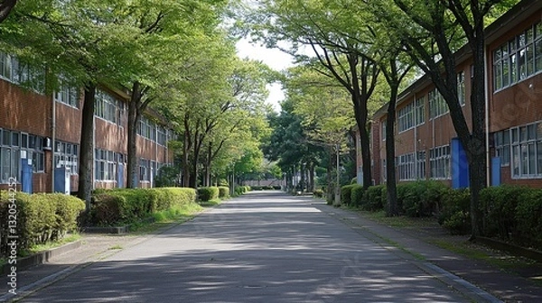 Fototapeta Residential street lined with trees and buildings