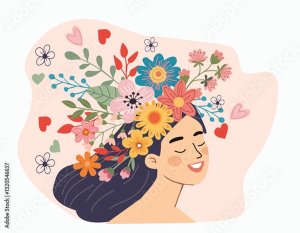 Obraz illustration of portrait of a Happy lady with flowers inside.