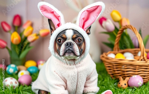 Fototapeta A charming Boston Terrier wearing an adorable Easter Bunny costume, featuring a fluffy white jumpsuit, pink bunny ears, and a tiny carrot-shaped accessory.