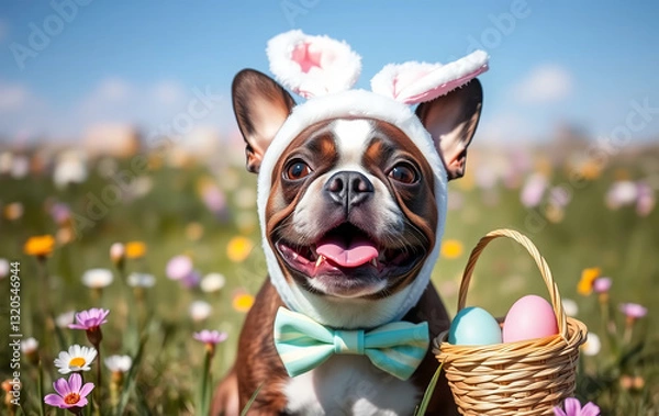 Fototapeta A charming Boston Terrier wearing an adorable Easter Bunny costume, featuring a fluffy white jumpsuit, pink bunny ears, and a tiny carrot-shaped accessory.