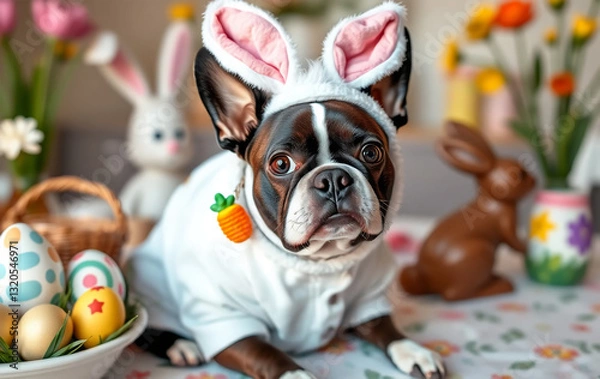 Fototapeta A charming Boston Terrier wearing an adorable Easter Bunny costume, featuring a fluffy white jumpsuit, pink bunny ears, and a tiny carrot-shaped accessory.
