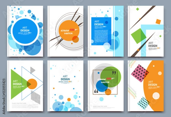 Fototapeta Abstract composition. White a4 brochure cover design. Info banner frame. Patch text font. Title sheet model set. Modern vector front page. Brand logo texture. Colored figure image icon. Ad flyer fiber