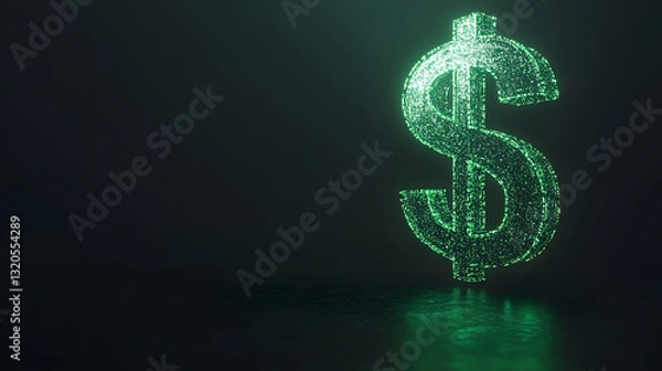 Fototapeta 3D render of multiple green glowing dollar signs, symbolizing wealth, financial growth, prosperity, and economic success in a modern, digitalized world.

