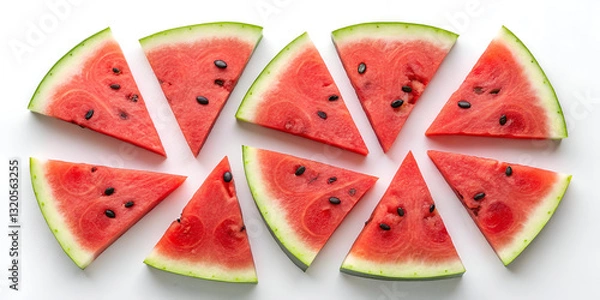 Fototapeta Overhead view of fresh red watermelon wedges with dark seeds, green rind, and juicy texture, arranged in layers.
