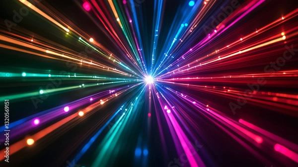 Fototapeta colorful starburst effect created by multiple beams of red, green, and blue light on a black background 