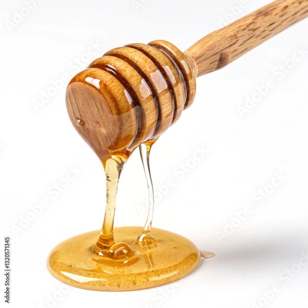 Obraz Honey Dripping From Wooden Dipper Isolated On White Background