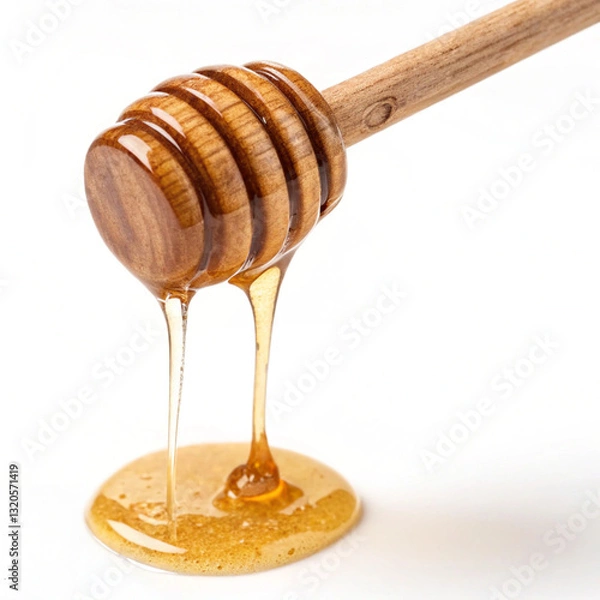 Obraz Honey Dripping From Wooden Dipper Isolated On White Background