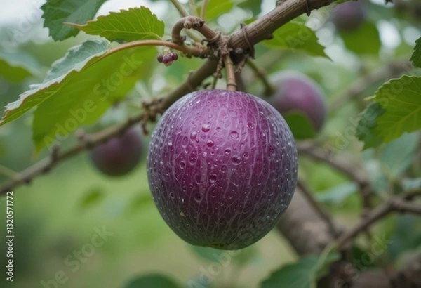 Fototapeta Fresh Juicy Purple Plum Hanging on Tree Branch with Dew Drops