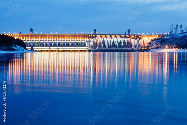 Fototapeta Hydroelectric power station on the river in winter at dusk