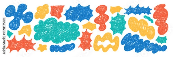 Fototapeta Set of playful elements with abstract liquid shapes. Speech bubbles, cloud and flower with crayon, chalk or pastel texture. Hand drawn color vector illustration on a white background.