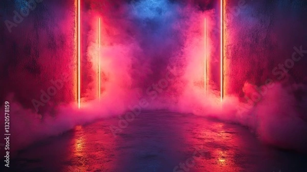 Fototapeta Blue and pink neon lights illuminate smoke in empty concrete room vibrant backdrop for products or designs.