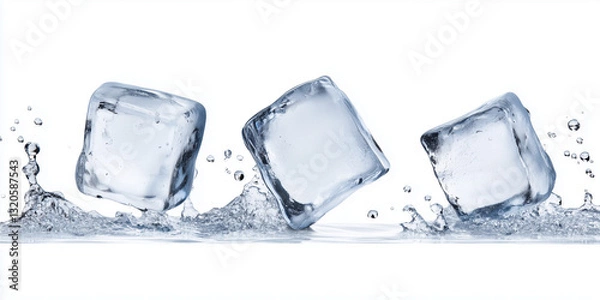 Fototapeta Falling Ice Cubes with Water Splash - High-Speed Photography of Frozen Crystal Blocks