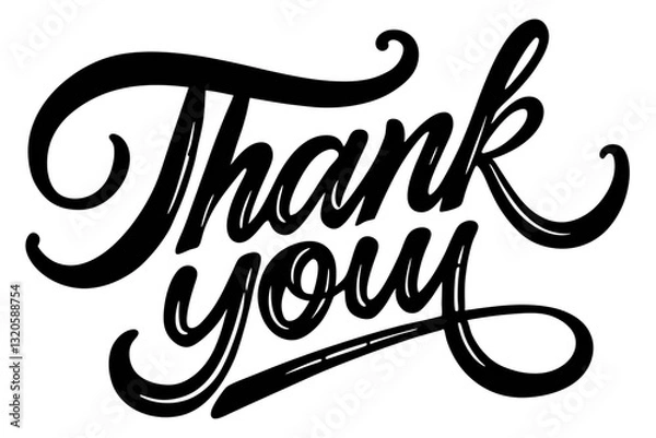 Fototapeta Thank you text in elegant black cursive calligraphy, isolated PNG with transparent background for digital and print design