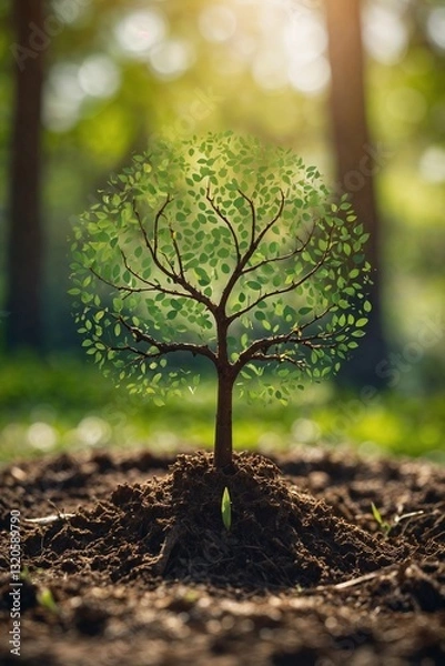 Obraz Sapling grows from earth, forming a tree silhouette against a blurred forest. Symbol of life, growth, and nature. for earth day content
