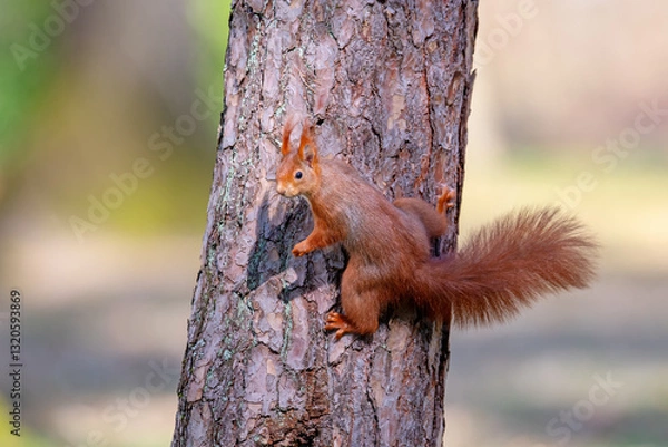 Fototapeta Red squirrel on a tree in the forest. Shallow depth of field.