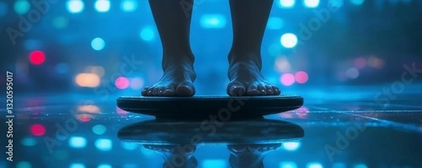Fototapeta Standing on the scale becomes a daily ritual, a moment of truth in the weight loss journey Each number on the display whispers stories of effort and sacrifice, hope and despair The cold surface