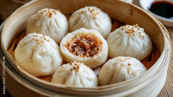 Fototapeta Soft and fluffy Asian buns filled with tender BBQ pork are served in a traditional bamboo steamer, inviting everyone to indulge in their savory goodness