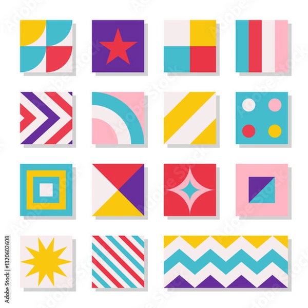 Obraz Vector flat illustration set with square abstract compositions with geometric figures as symbol of dynamic, flow. Bright contrast elements. Minimalistic concept, clipart decorative collection