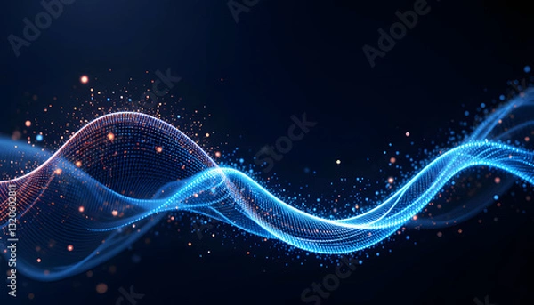 Obraz A clean and minimalist digital artwork depicting a stylized data wave with glowing particles, set against a dark background