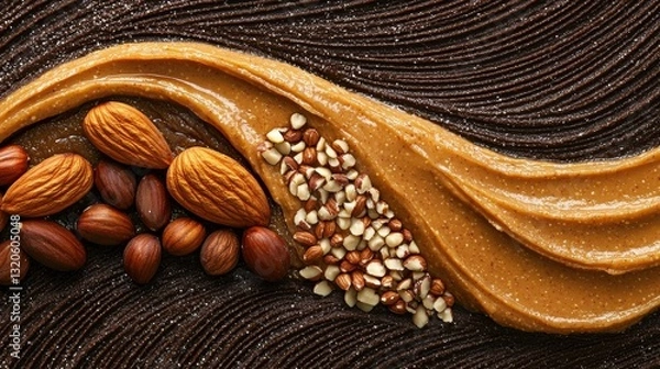 Fototapeta Close-up of a peanut butter spread on a dark brown surface. the peanut butter is in the shape of a curved line, with the ends of the peanut butter curling around the edges.