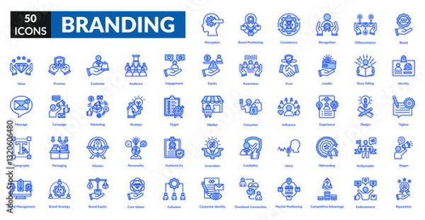 Fototapeta Branding blue icon set collection. Brand, ambassador, audience, credibility, identity, recognition, marketing, strategy, target, reputation, loyalty, competitive advantage, product