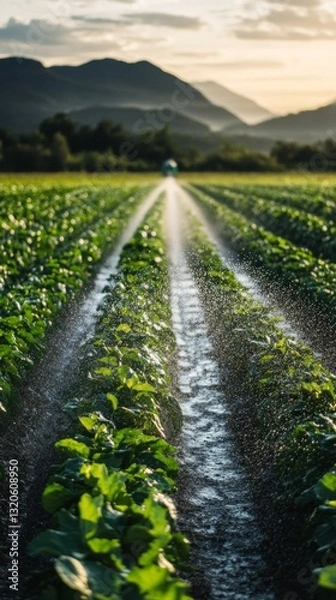 Obraz Large sprinkler system operates in the background, ensuring even water coverage across a vast field of crops. Sunlight casts a warm glow, enhancing the lush greenery under the evening sky
