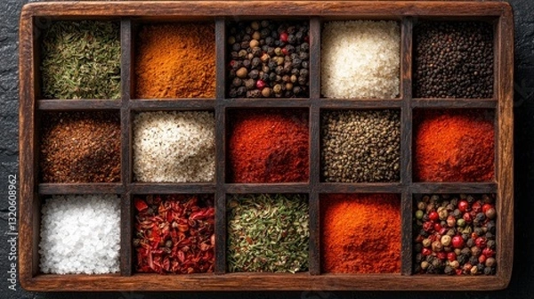 Fototapeta Wooden tray filled with a variety of spices. the tray is rectangular in shape and has a dark brown finish.