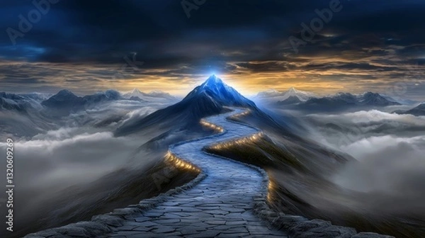 Fototapeta Enchanting mountain pathway meandering through a breathtaking scenic landscape with glowing lights and atmospheric clouds