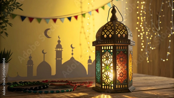 Fototapeta A Moroccan lantern glowing warmly in a festive setting, casting intricate shadows, symbolizing Eid celebrations and Islamic traditions.