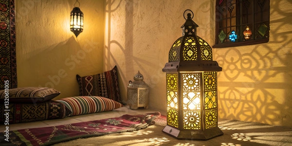 Fototapeta A Moroccan lantern glowing warmly in a festive setting, casting intricate shadows, symbolizing Eid celebrations and Islamic traditions.