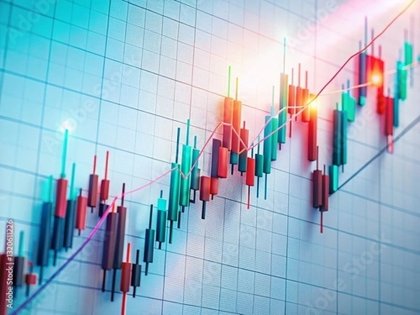 Fototapeta Aerial View Abstract Financial Chart: Sideways Trend Candlestick Graph White Background Stock Photo