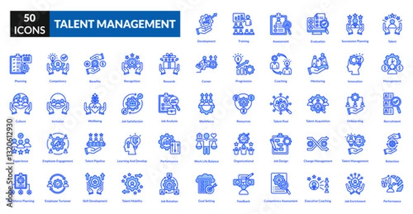 Fototapeta Talent management blue icon collection set. Includes recruitment, training, performance, skills, development, retention, leadership, talent, management
