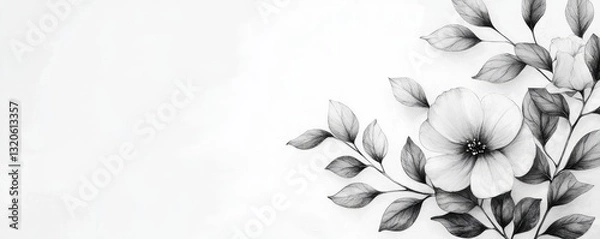 Fototapeta Ink illustration abstract background idea. Elegant monochrome illustration of a flower and leaves on a white background.