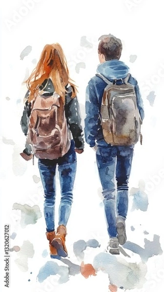 Fototapeta Two friends stroll side by side, backpacks on their shoulders, in a beautiful watercolor style showcasing their bond against a white backdrop